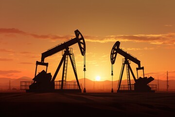 oil rigs oil pump energy industrial machine for petroleum in the middle of the desert on the silhouette background.