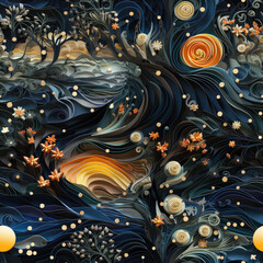 Starry night sky papercut cartoon elegant art in the style of Van Gogh repeat pattern	