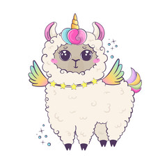 rainbow alpaca with wings and unicorn horn. Funny cartoon kawaii character isolated on white background.