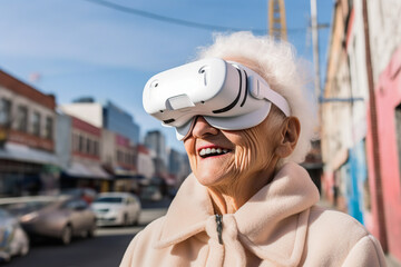 Generative AI image of excited senior woman in VR goggles smiling while experiencing another world on a city street against a blurred background