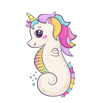 rainbow seahorse with unicorn horn. Funny cartoon kawaii character isolated on white background.