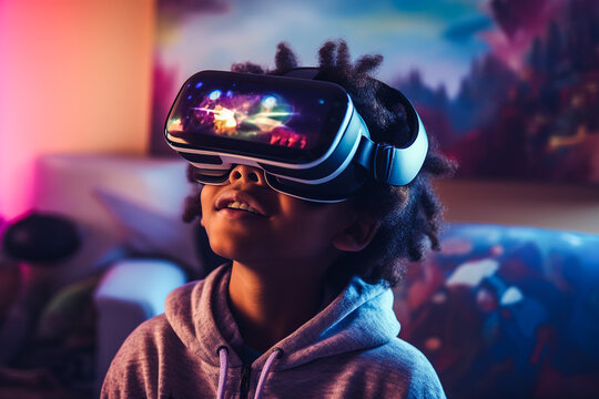 Naklejki Generative AI image of positive African American boy in VR goggles smiling while exploring cyberspace in decorated room at home