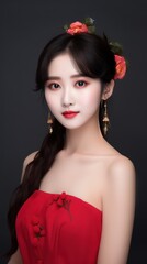 Naklejka premium beautiful asian woman with red dress and flower in her hair