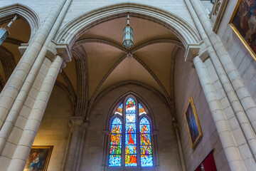 Fototapeta premium Stained glass window or skylight inside the Almudena Cathedral, Madrid, Spain