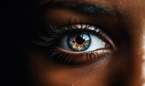 Generative AI illustration of macro view of blue eye of anonymous black female person lit by sunlight looking at camera