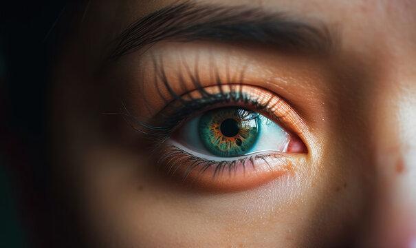 Generative AI illustration of macro view of blue eye of anonymous female person lit by sunlight looking at camera