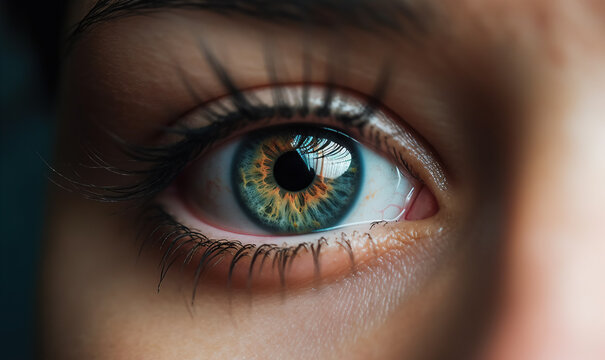 Generative AI illustration of macro view of blue eye of anonymous female person lit by sunlight looking at camera