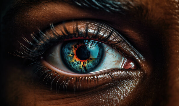 Generative AI illustration of macro view of blue eye of anonymous black person lit by sunlight looking at camera
