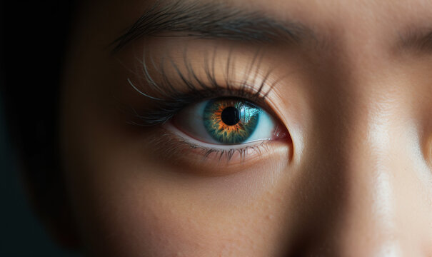 Generative AI illustration of macro view of blue eye of anonymous female person lit by sunlight looking at camera