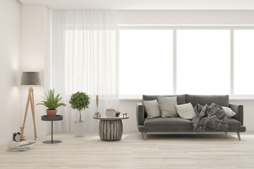 White modern interior design with sofa. Scandinavian interior design. 3D illustration