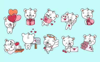 Set of Cartoon Kawaii Polar Bear Illustrations in Love. Collection of Cute Vector Isolated Baby Bear
