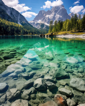 a photo of a breathtaking mountain panorama with a crystal-clear lake in the Alps Aspect Ratio 4:5