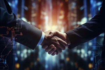 High-Quality Close-Up of Business People Shaking Hands Against a Technology Background - obrazy, fototapety, plakaty