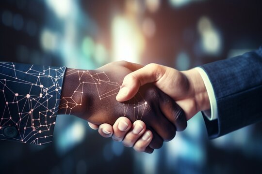 High-Quality Close-Up of Business People Shaking Hands Against a Technology Background