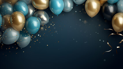 Celebration wallpaper decorated with balloons and ribbons in gold and blue metallic colors.