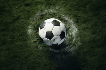 A soccer ball hits the goal on a field from above. Generative AI