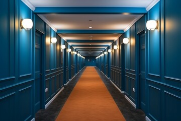 Elegant Hotel Corridor: Long Passage with Blue Walls, Doors, and Lamps