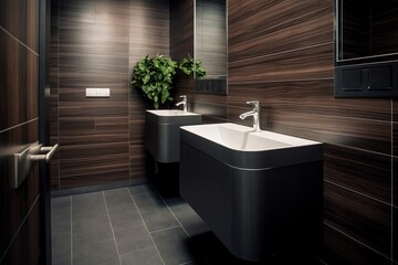 Contemporary Public Restroom: Dark Wooden Wall and Tiled Floor Design