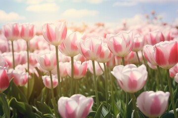 Spring Blossom: Pink and White Tulips Blooming in the Field