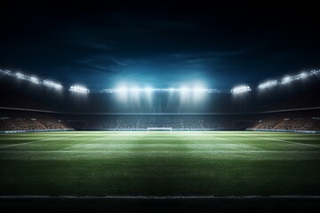 Soccer Stadium's Nighttime Spotlight Spectacle - obrazy, fototapety, plakaty
