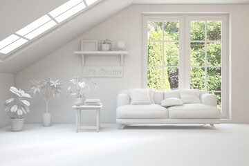 Grey living room concept with sofa and summer landscape in window. Scandinavian interior design. 3D illustration