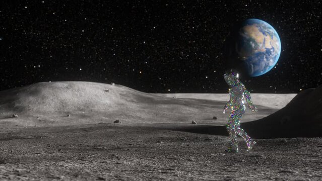 Diamond astronaut in detailed space attire stands on a lunar surface, observing the stunning view of a vibrant Earth in the distance. The vastness of space. 3D animation