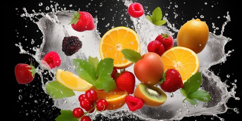 various kinds of fresh fruit with water splash on black background
