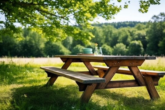 Serenity in Nature: Wooden Picnic Table Amidst Green Meadows