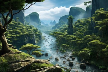 Brazil landscape with rainforest and river. Generative AI Art. Beautiful view.