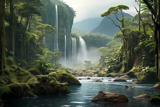 Fototapeta Brazil landscape with rainforest and river. Generative AI Art. Beautiful view.
