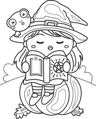 Halloween Witch Costume and Frog Cartoon Coloring Pages for Kids and Adult Activity