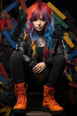 A woman with colorful hair sitting on top of a pile of boxes