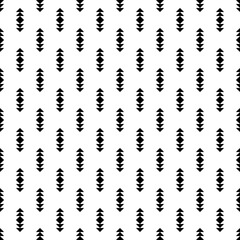 Repeated black figures on white background. Ethnic wallpaper. Seamless surface pattern design with arrows ornament. Rhombuses and triangles motif. Digital paper for textile print, web designing.