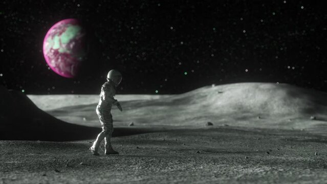 An astronaut in detailed space attire stands on a lunar surface, observing the stunning view of a vibrant Earth in the distance. The vastness of space. 3D animation