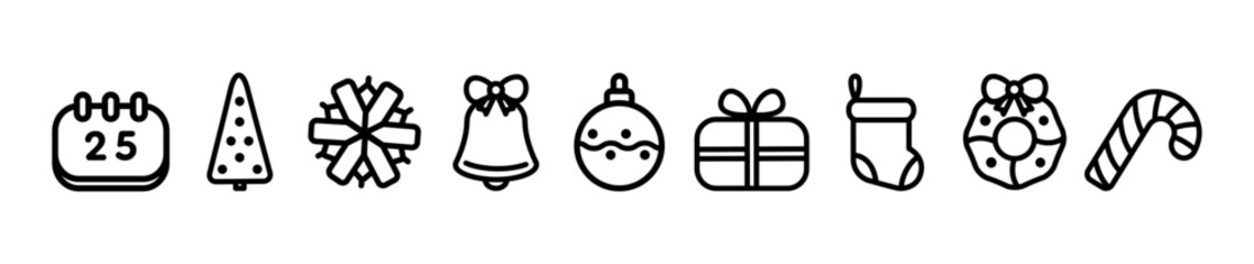 Holiday icon set. Christmas tree, gif box, bell, candle, present,  hat, snowflake, Christmas wreath, candy cane, Christmas sock, calendar, Christmas toy, glass snow, Glass snow globe Christmas.