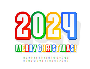 Vector colorful Greeting Card Happy New Year 2024! Bright Kids Font. Sticker style Alphabet Letters, Numbers and Symbols.
