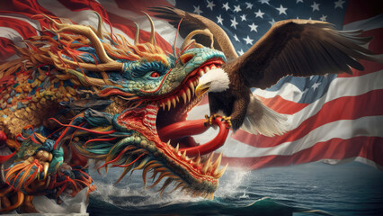 A Chinese dragon bites the U.S. Eagle - obrazy, fototapety, plakaty