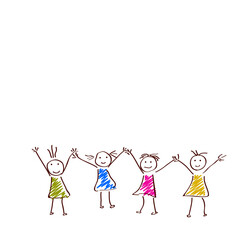 Hand-Drawn Illustration of Cartoon Cheerful Children Standing Together on PNG Background.