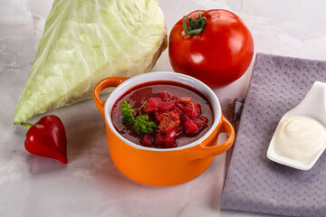 Borsch soup with cabbage and beetroot