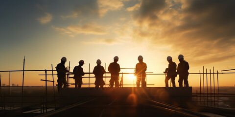 AI Generated. AI Generative. Silhouette of construction workers at high building work at sunset time day. Graphic Art