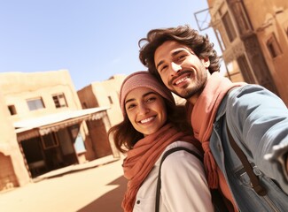 Fototapeta na wymiar A happy couple posing for a picture in a desert town. Fictional characters created by Generated AI.