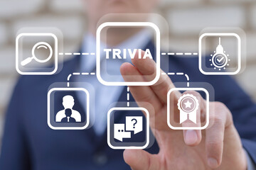 Man using virtual touchscreen presses word: TRIVIA. Business, Finance and Economics concept. Trivia Time.