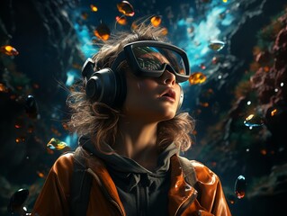 Girl standing with virtual reality goggles and background, in the style of cosmic, photorealistic scenes, hyper-realistic atmospheres 