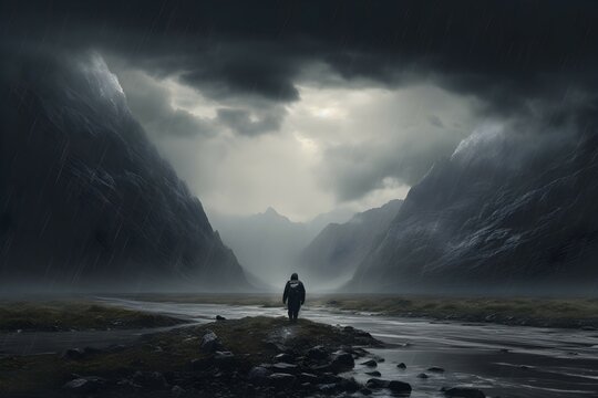 Hikers in dark storm in middle of valley, Copy space.