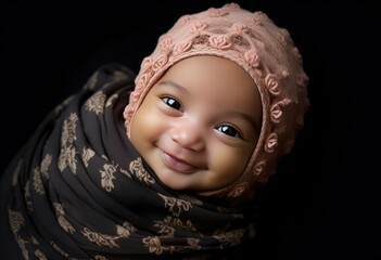 An adorable baby wrapped in a blanket and smiling. Fictional characters created by Generated AI.