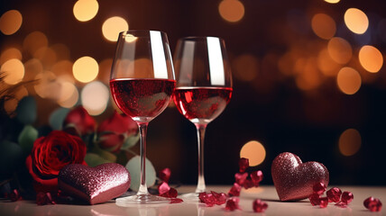 Happy Valentine's Day Next to it is a gift box with a bouquet of red roses, falling petals, and two pairs of wine glasses on a blurred background. Surprise on a happy night. Generative AI - Powered by Adobe