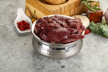 Raw uncooked chicken liver in the bowl