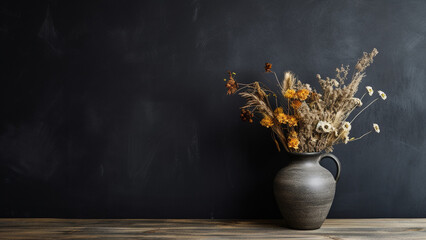 Matte black wallpaper with dried flowers in a vase on a wooden table - obrazy, fototapety, plakaty