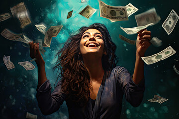 the girl is excited and is holding money up, joy of winning the lottery - obrazy, fototapety, plakaty