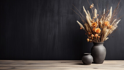 Matte black wallpaper with dried flowers in a vase on a wooden table